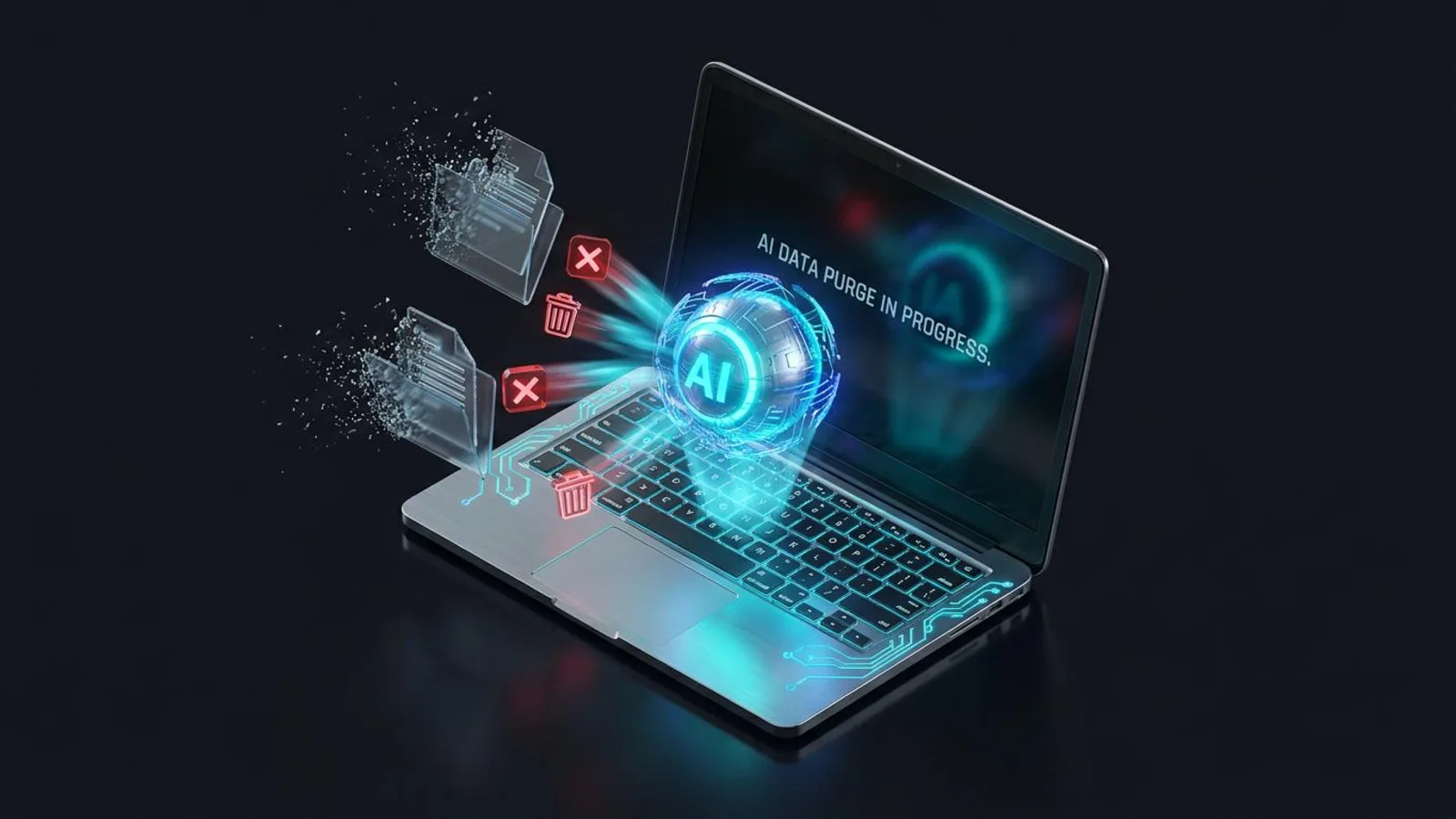 3D-Illustration: Laptop mit KI-Symbol, Dateien lösen sich mit Papierkorb- und Lösch-Symbolen auf