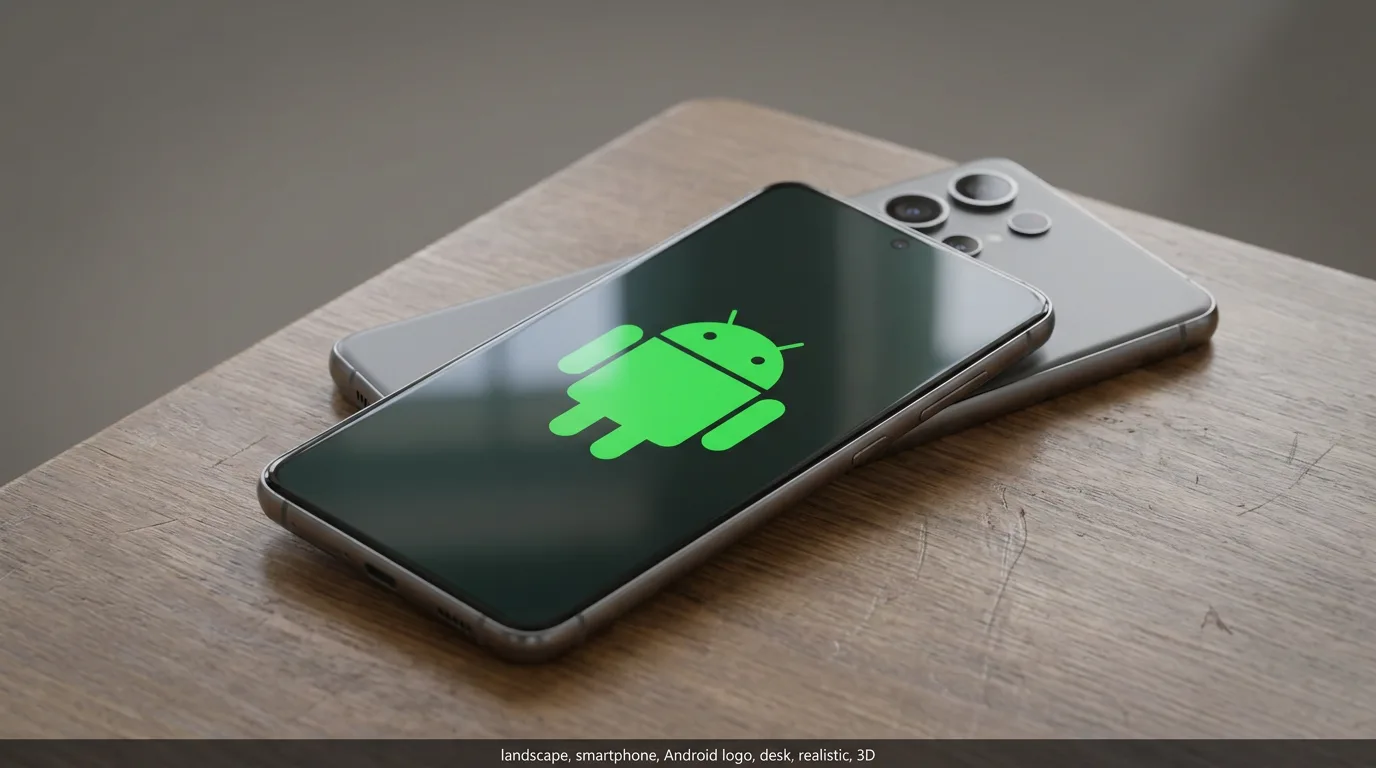 Zwei Smartphones auf einem Holztisch, das obere zeigt das grüne Android-Logo