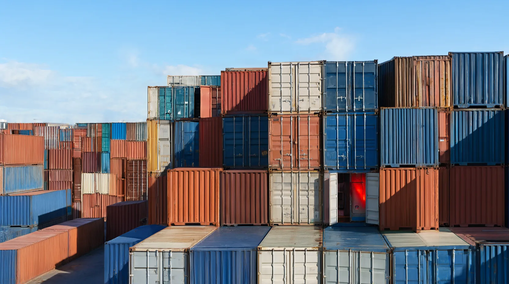 Ein sonniger Containerhafen mit bunten Containern, einer davon steht offen und leuchtet innen rot