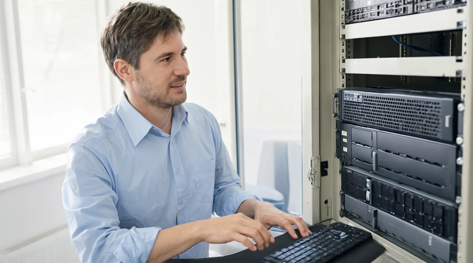 IT-Administrator arbeitet an einem Serverschrank in einem hellen Büro