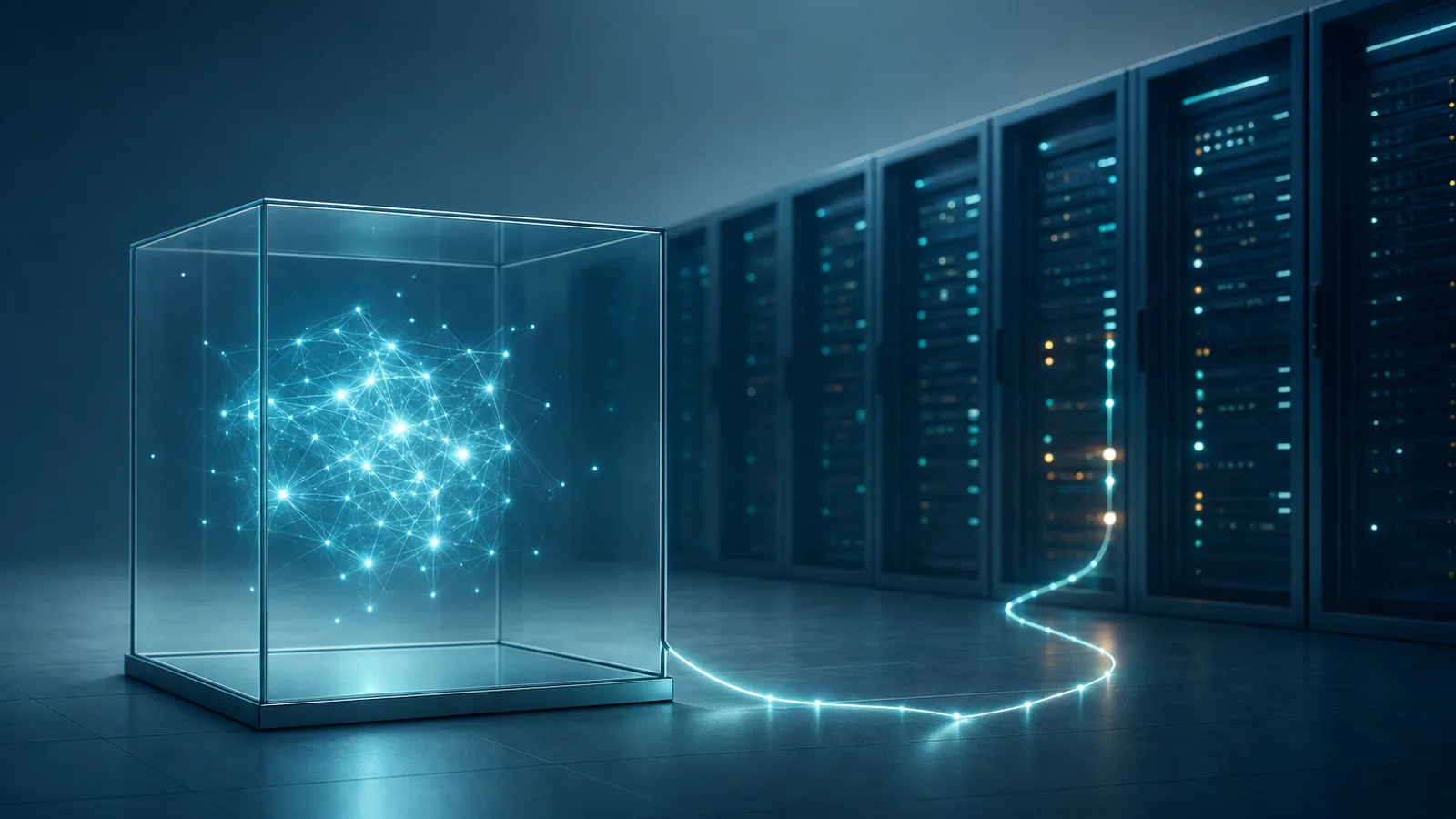 Leuchtender Datenstrang führt aus einem gläsernen Testkasten heraus zu Serverschränken in einem Rechenzentrum