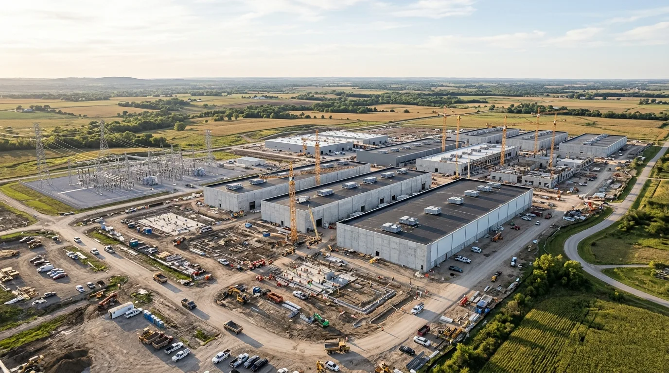 Luftaufnahme einer Großbaustelle für ein Rechenzentrum mit Serverhallen, Turmkränen und Umspannwerk