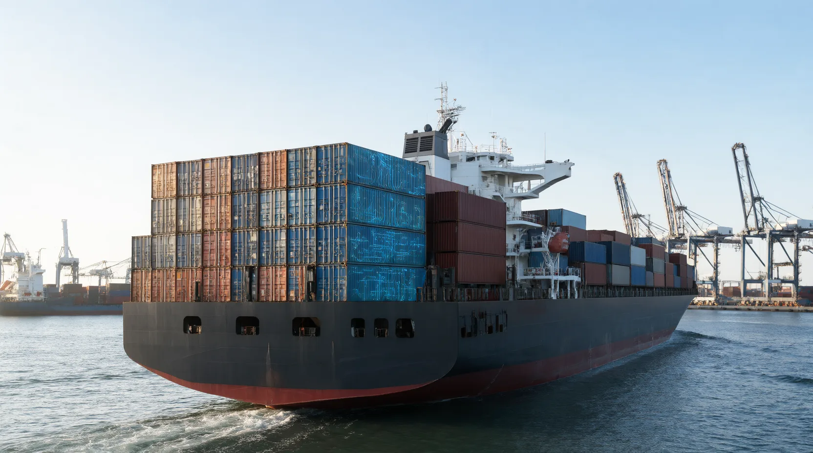 Beladenes Containerschiff verlässt einen Hafen mit Kränen, einige Container tragen blaue Leiterbahnmuster