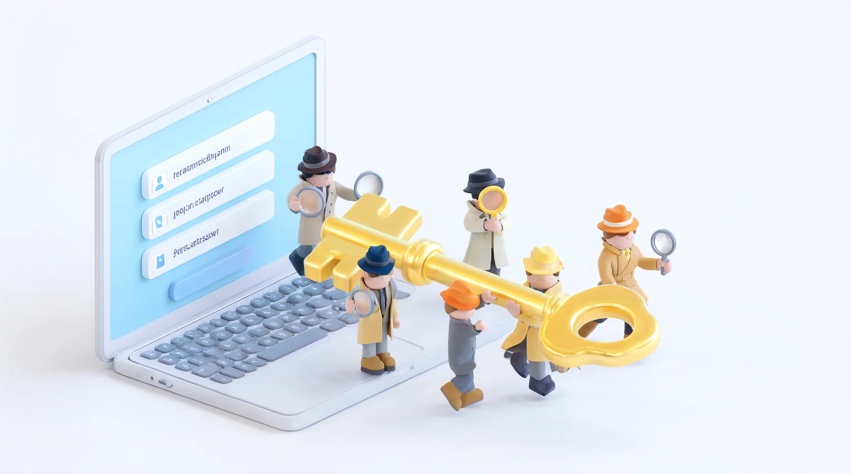 3D-Detektivfiguren tragen einen goldenen Schlüssel von einem Login-Bildschirm weg