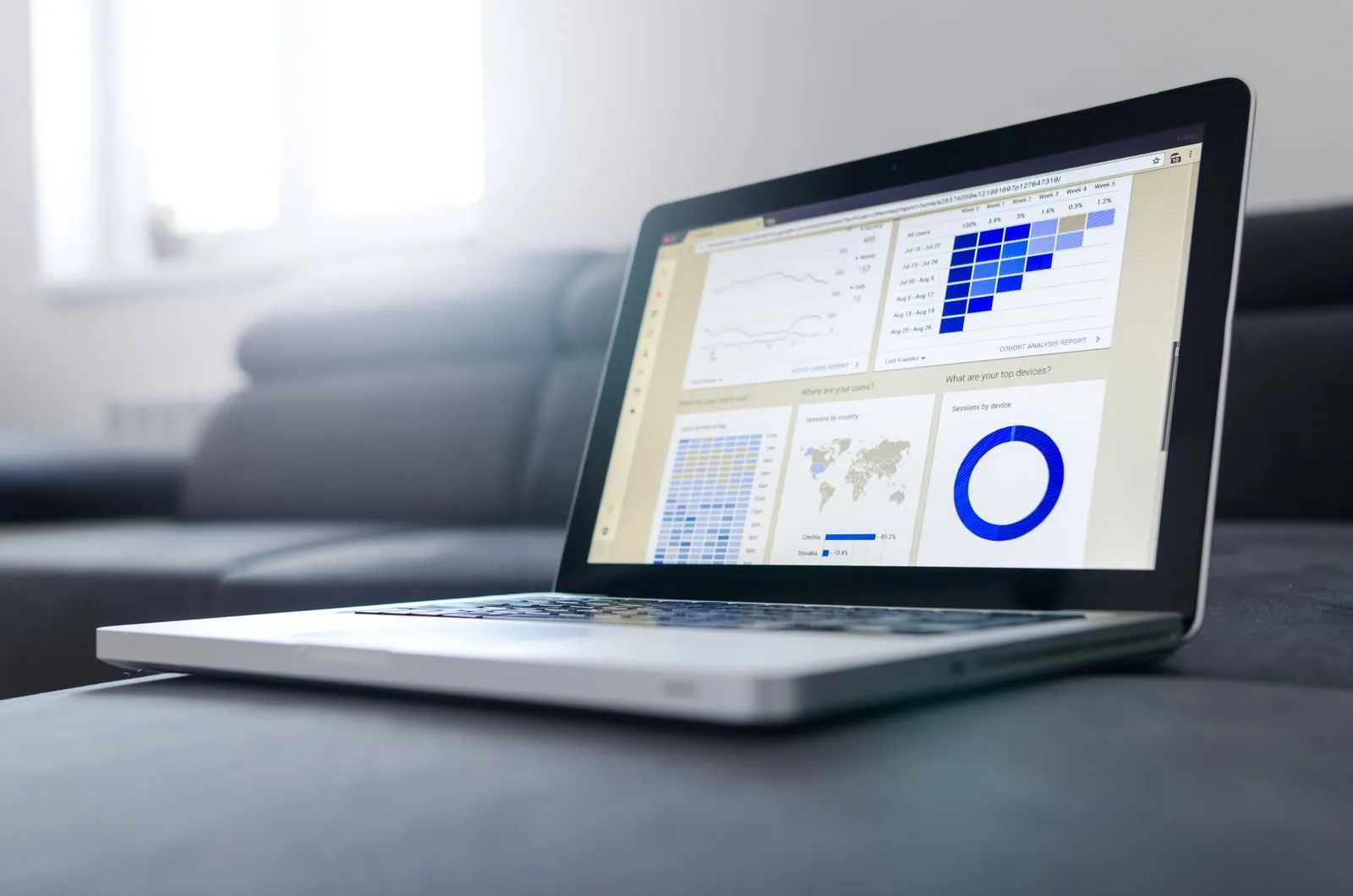 Aufgeklappter Laptop mit Diagrammen und Kennzahlen auf dem Bildschirm in einem hellen Raum