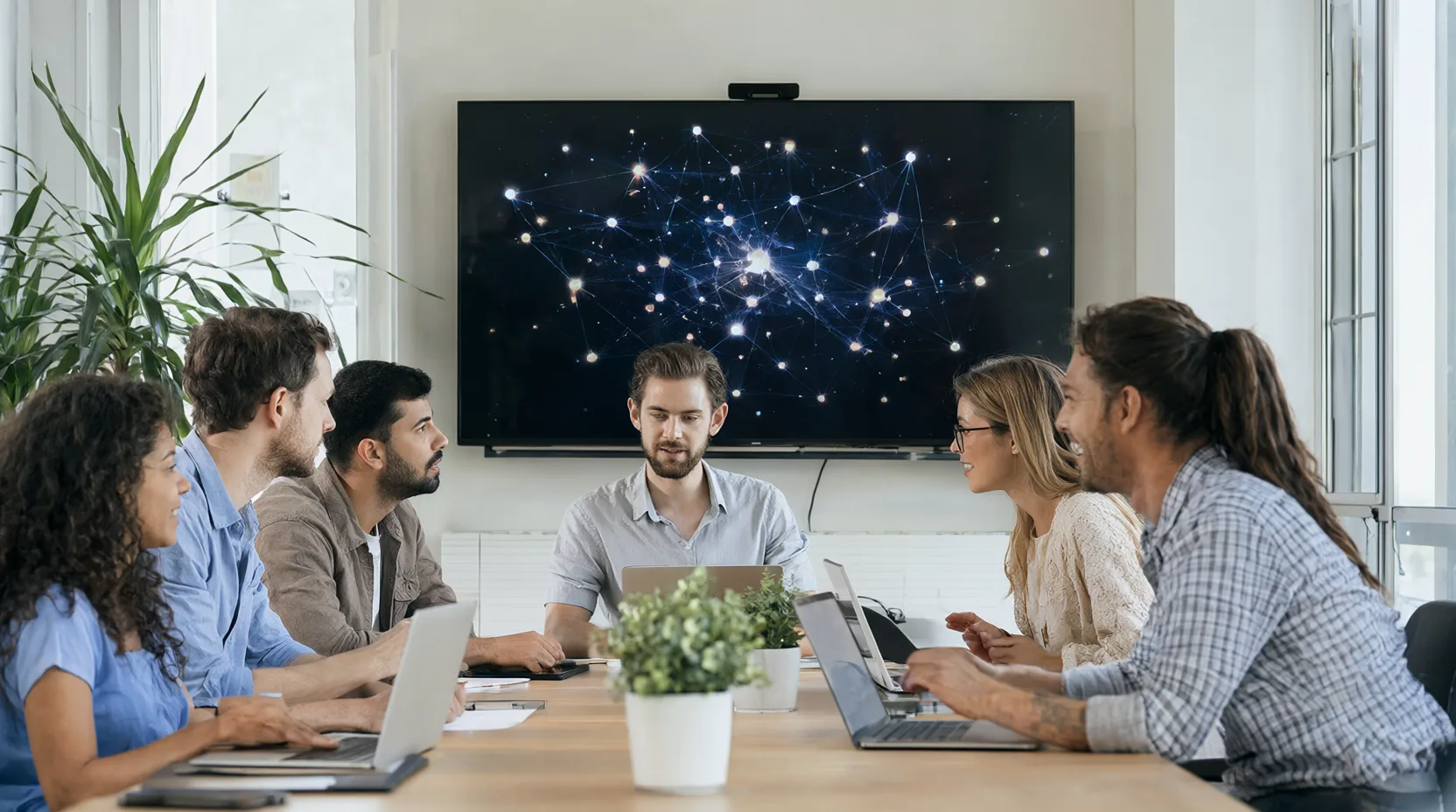 Entwicklerteam bespricht sich in einem hellen Besprechungsraum, an der Wand ein Bildschirm mit leuchtenden Netzwerkknoten