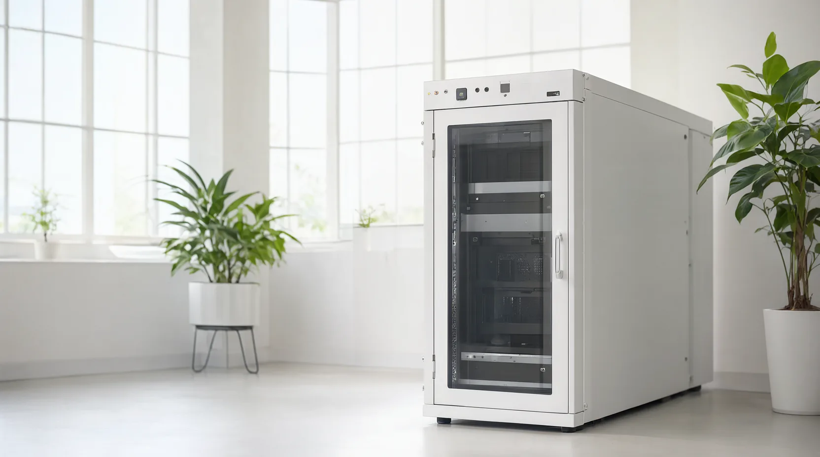 Ein kompakter weißer Serverschrank mit Glastür in einem hellen Raum mit großen Fenstern und Grünpflanzen
