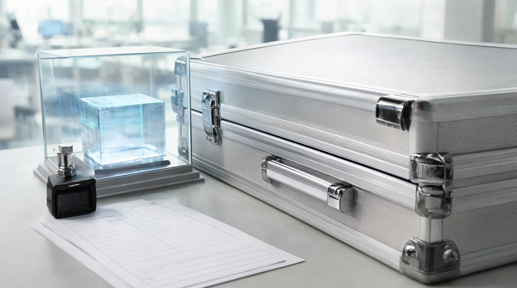 Silberner Metallkoffer neben einem leuchtenden Glaswürfel in einer Vitrine, davor Stempel und Formular