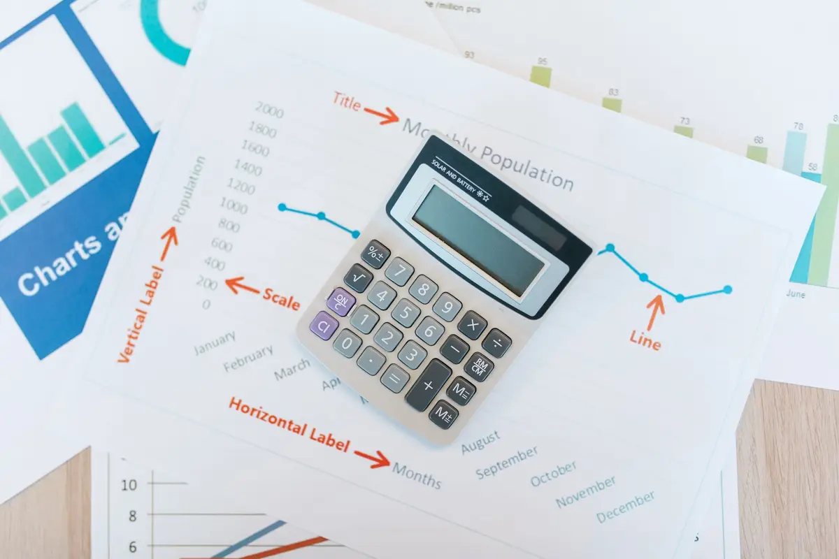Taschenrechner auf ausgedruckten Finanzberichten und Diagrammen
