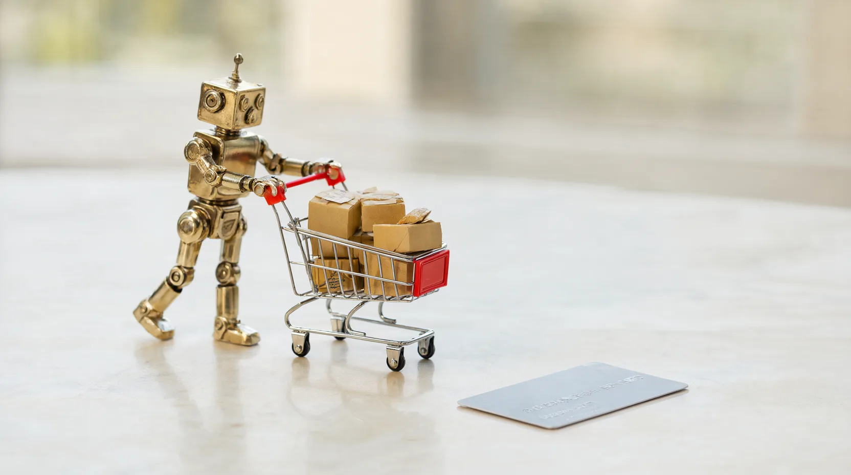 Ein kleiner Messingroboter schiebt einen Miniatur-Einkaufswagen voller Pakete über einen hellen Marmortisch, daneben liegt eine Zahlungskarte