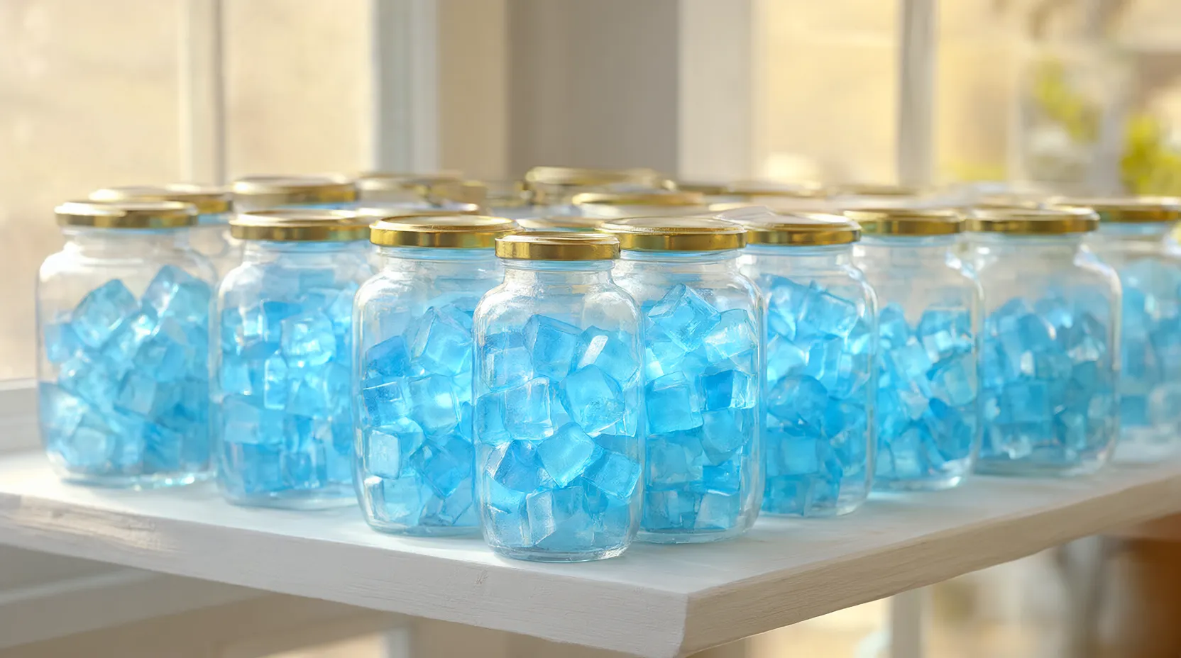 Glasgefäße mit Schraubdeckel voller hellblauer, leuchtender Würfel auf einem weißen Regal am Fenster