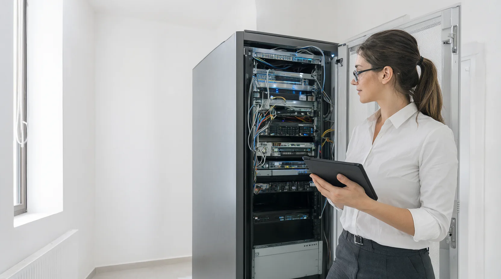 IT-Administratorin mit Tablet prüft einen Serverschrank in einem hellen Raum