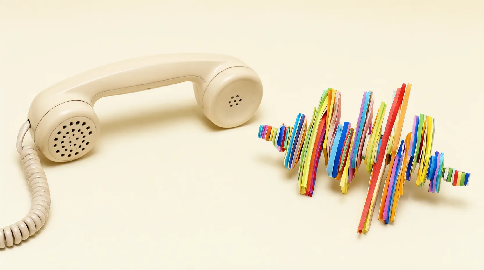 Ein cremefarbener Telefonhörer im Retro-Stil liegt neben einer bunten Skulptur aus Papierstreifen, die die Form einer Schallwelle hat
