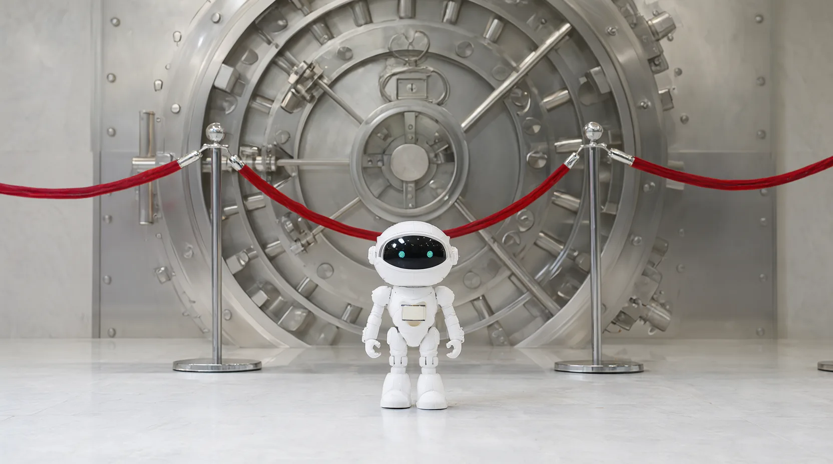Kleine weiße Roboterfigur steht vor einer roten Absperrkordel, dahinter eine geschlossene runde Tresortür aus Stahl