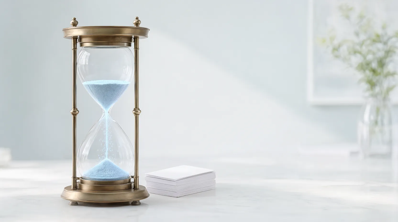 Eine Sanduhr aus Messing und Glas mit hellblauem Sand auf einem weißen Marmortisch, daneben ein kleiner Stapel weißer Karten