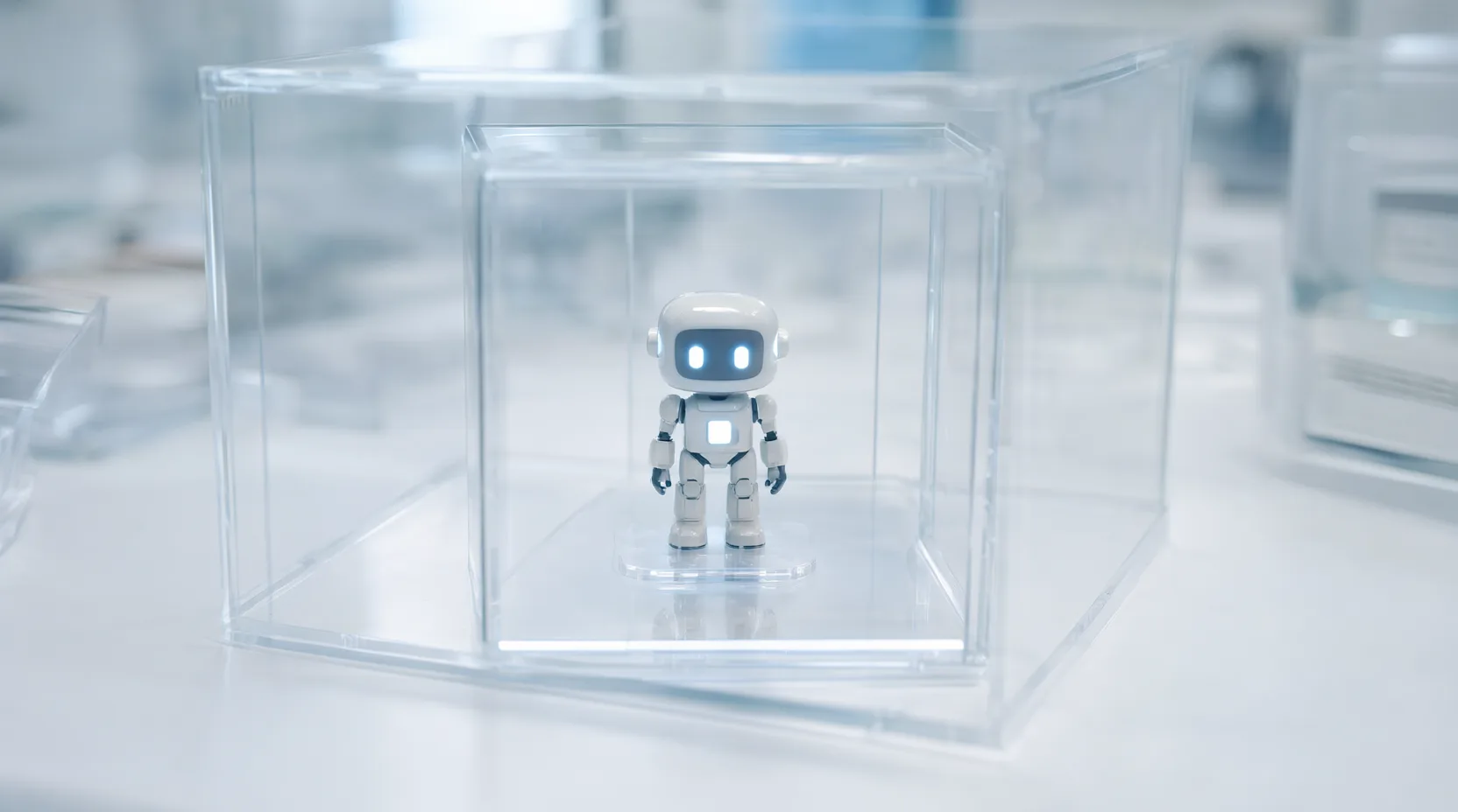 Kleine weiße Roboterfigur mit leuchtenden Augen steht in einem durchsichtigen Glaswürfel auf einem hellen Labortisch
