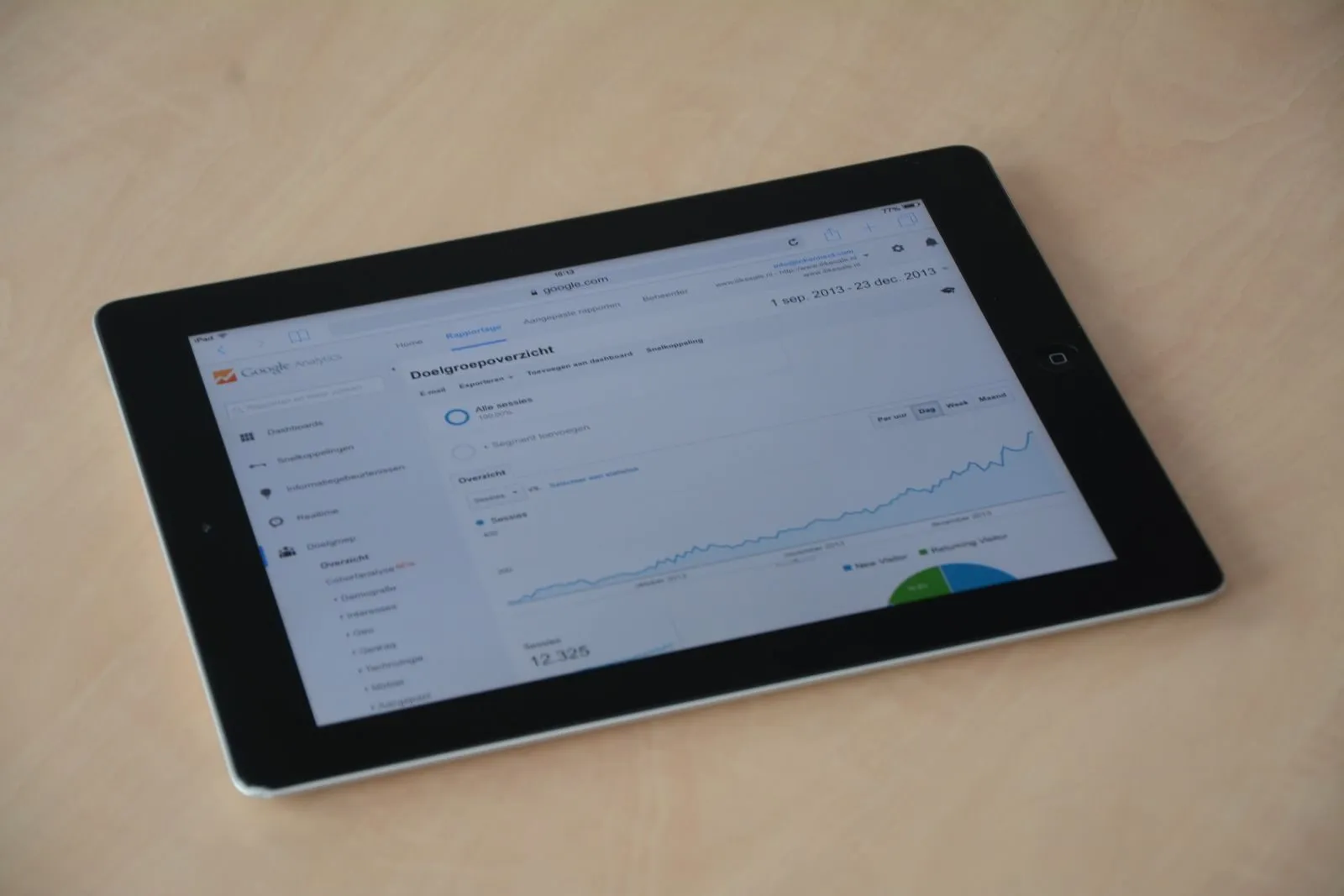 Tablet mit einem Web-Analytics-Dashboard aus Linien- und Balkendiagrammen