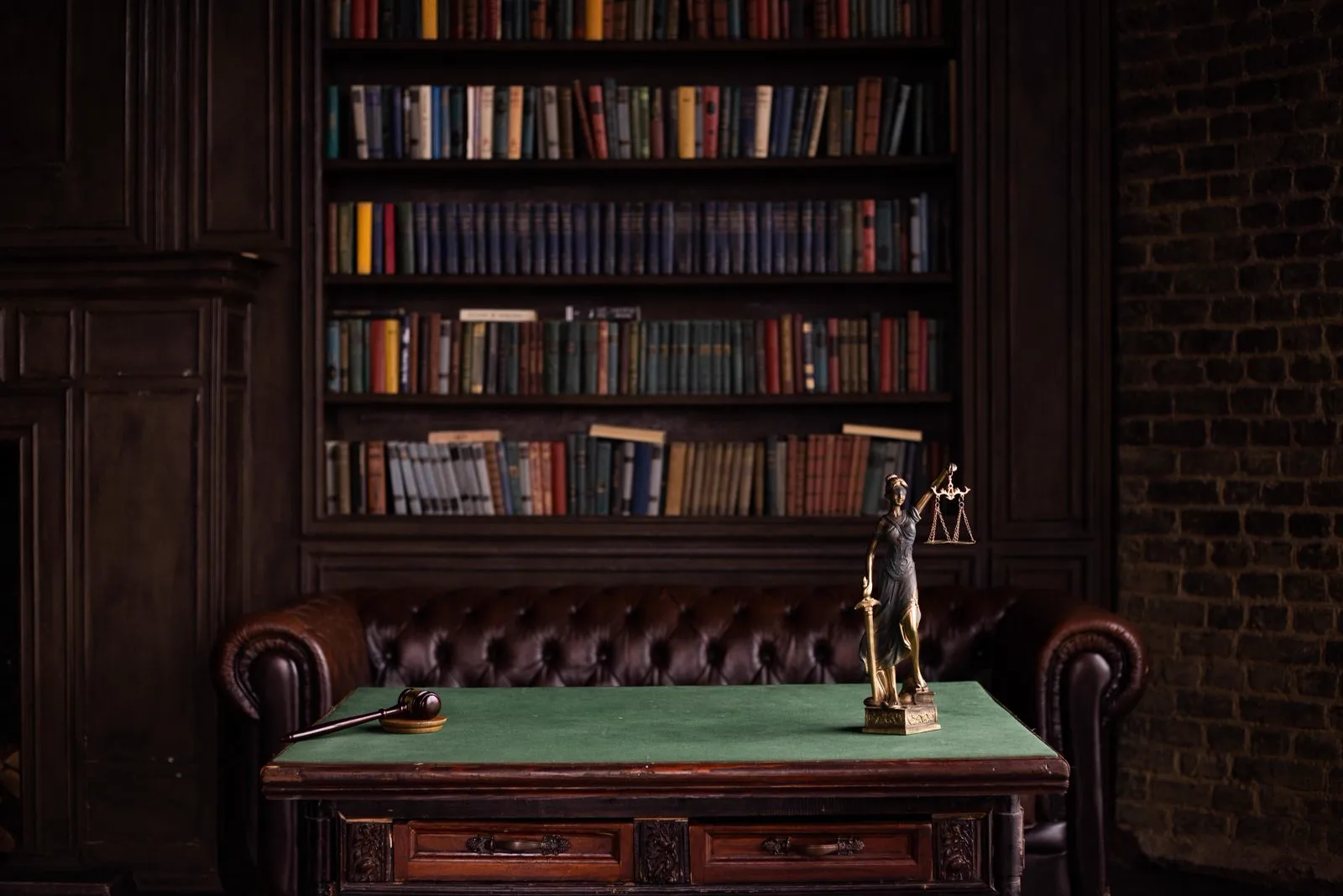Justitia-Figur und ein Richterhammer auf einem Tisch vor einem Bücherregal in einer Bibliothek