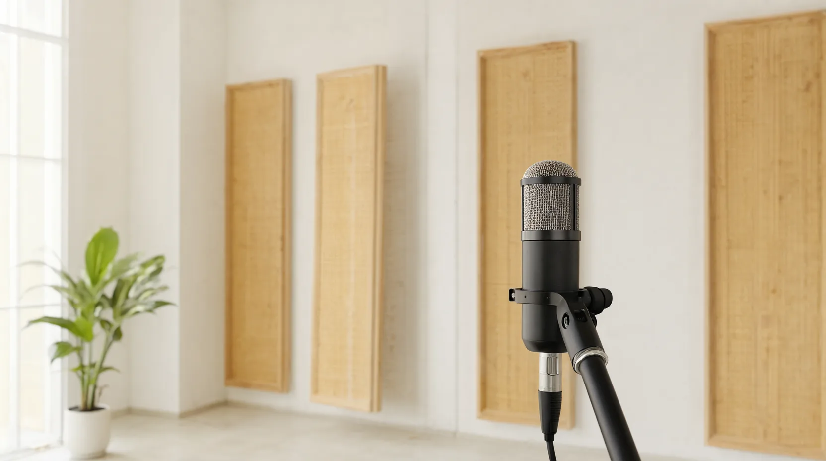 Ein Studiomikrofon an einem schwarzen Stativ steht in einem hellen Raum mit Akustikpaneelen aus hellem Holz und einer Grünpflanze
