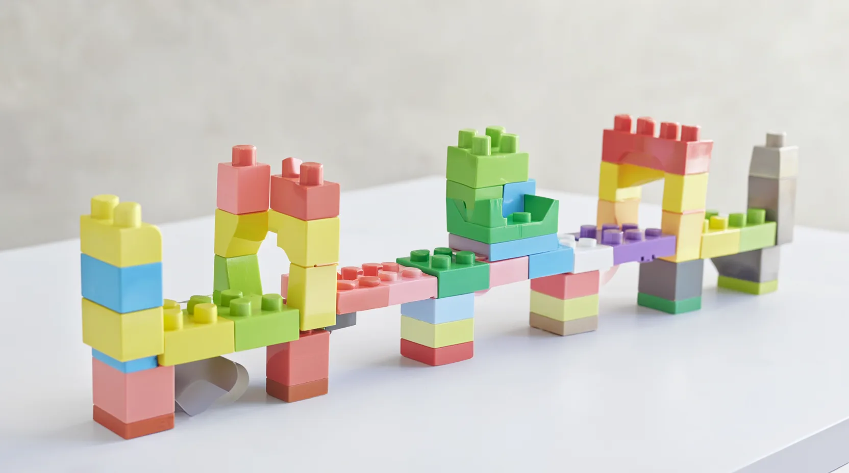 Bunte Bausteine in verschiedenen Formen und Farben, zu einer Brücke zusammengesteckt, auf einem weißen Tisch
