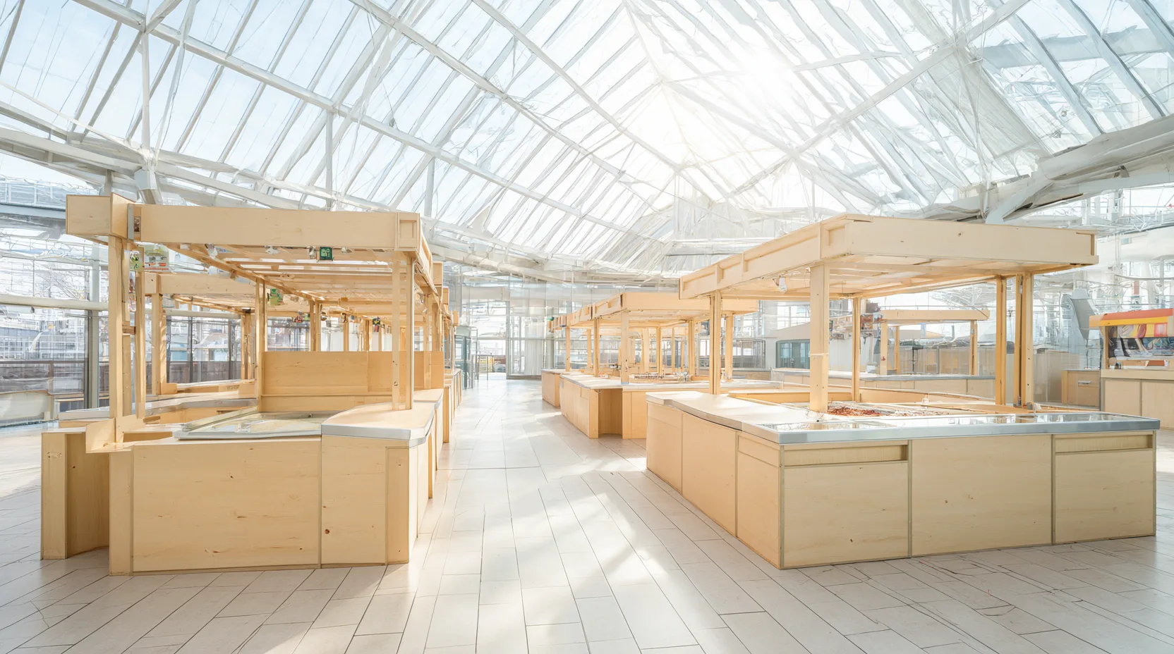 Eine helle, moderne Markthalle mit Glasdach und leeren Ständen aus hellem Holz, Morgenlicht fällt durch das Dach