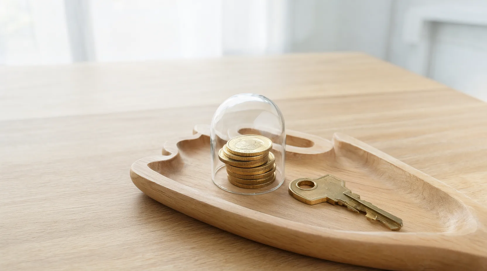 Messingschlüssel auf einem hellen Holztablett neben einer Glasglocke über einem Stapel Goldmünzen
