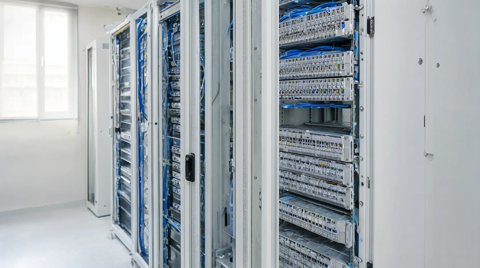 Helle Serverraum-Reihe mit weißen Racks und blauen Netzwerkkabeln, durch ein Fenster fällt Tageslicht