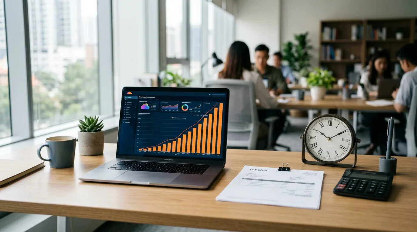 Laptop mit stark steigendem Kostendiagramm neben Rechnung, Taschenrechner und Tischuhr