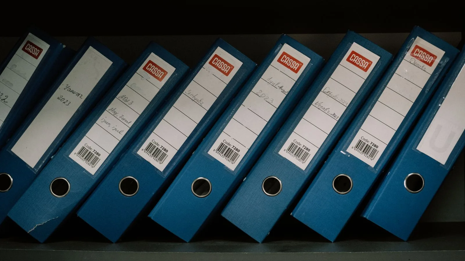 Beschriftete Aktenordner mit Namen und Datumsangaben in einem Büroregal