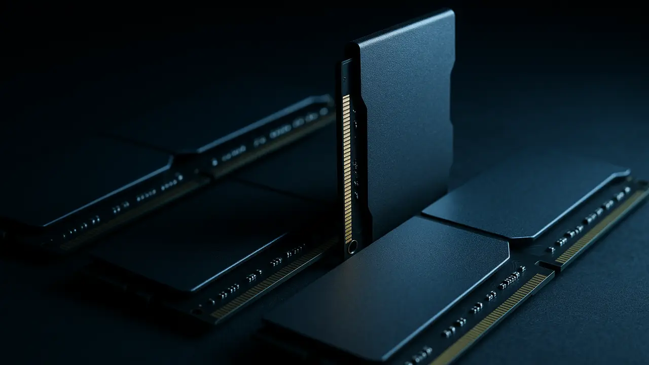 Mehrere DDR5-Speichermodule mit dunklen Kühlkörpern auf einer matten schwarzen Fläche, ein Modul steht aufrecht